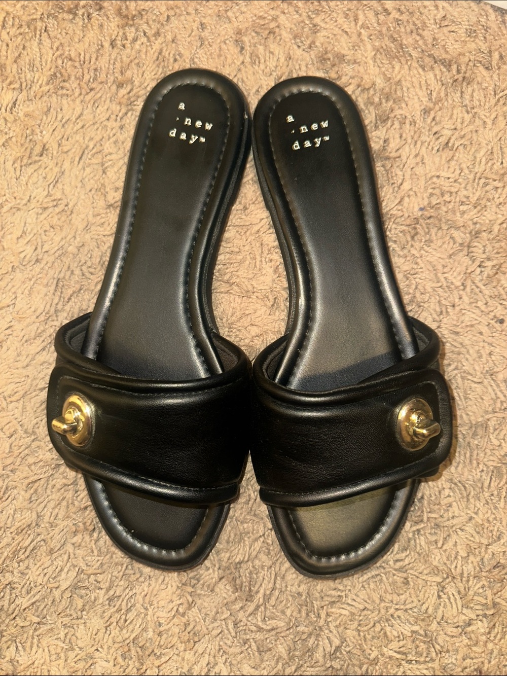 a new day Black Slide Mules with Gold-Tone Accent